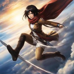 mikasa ackerman soars through the sky, engaging in aerial combat with a titan shifter. 