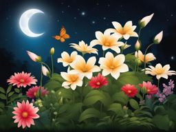 flower clipart,blooming in a magical garden under the moonlight 
