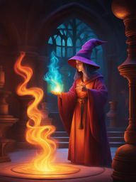 sorcerer's apprentice conjuring colorful flames in a hidden spell chamber. 