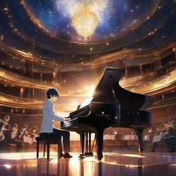 shigatsu wa kimi no uso,kousei arima,playing a heartfelt piano performance,a grand concert hall anime, anime key visual, japanese manga, pixiv, zerochan, anime art, fantia