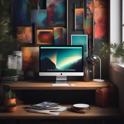 Background iPad - Artistic Workspace with Paintings wallpaper, abstract art style, patterns, intricate