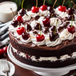 black forest cake featuring layers of chocolate cake, cherries, and whipped cream. 