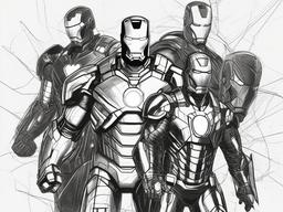 drawing of Iron Man and the Avengers  minimal rough sketch scribbles,doodles,black and white