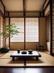 japanese-inspired living room with shoji screens and tatami mats. 