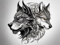 Dragon Wolf Tattoo,mystical tattoo featuring both a dragon and a wolf, combination of legend and wild spirit. , tattoo design, white clean background