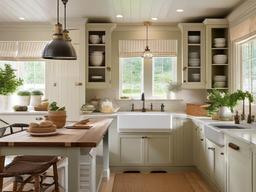 Cottage kitchen exudes countryside charm with handcrafted cabinetry, vintage-inspired fixtures, and a quaint dining nook bathed in soft natural light, offering a sense of idyllic serenity.  