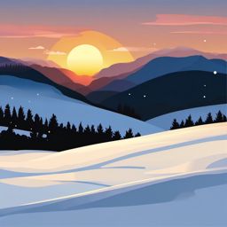 Winter Sunset clipart - Sun setting over a snowy landscape, ,vector color clipart,minimal