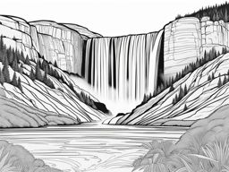 rainbow coloring pages - a rainbow extends over a serene waterfall in the mountains. 