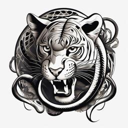 Panther and Snake Tattoo-Dynamic and symbolic tattoo design featuring a panther and a snake in a captivating composition.  simple color tattoo,white background