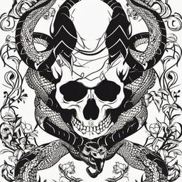 Snake with Skull Tattoo - Tattoo featuring a snake and skull motif.  simple vector tattoo,minimalist,white background