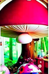 fairy tale forest bedroom nestled within a giant toadstool with whimsical furnishings. 