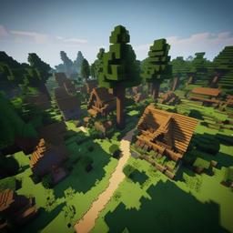 minecraft village with big trees and overgrowth