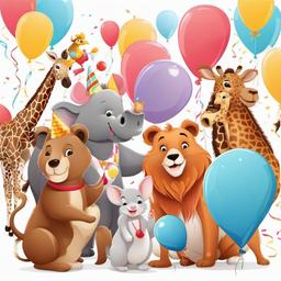 Cartoon animals at a party with balloons clipart.  vector style illustration, white background