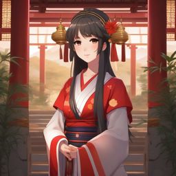 Charming shrine maiden, in a serene temple, performing sacred rituals to protect her village.  front facing ,centered portrait shot, cute anime color style, pfp, full face visible