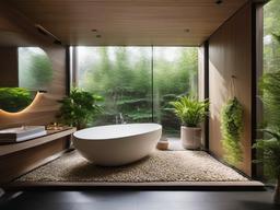 Biophilic interior design in the bathroom showcases a pebble floor, large windows for natural light, and a plant wall that brings the tranquility of nature indoors for a spa-like experience.  