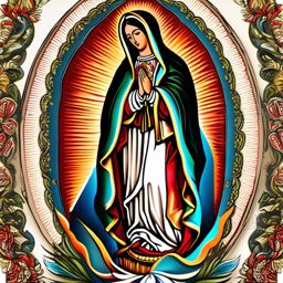 Our Lady of Guadalupe tattoo: Miraculous apparition honored in Catholic art.  color tattoo style, white background