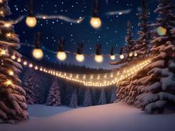 Christmas wallpaper - Festive Christmas lights strung across snowy pine trees at night  aesthetic background wallpaper