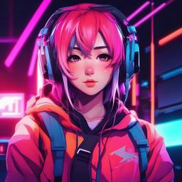 Anime gamer girl with split dye hair in a lofi neon environment  front facing ,centered portrait shot, cute anime color style, pfp, full face visible