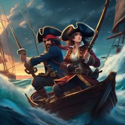 Adventurous pirate captain and daring pirate partner, with pirate hats and cutlasses, steering a ship through stormy seas in search of buried treasure, as a matching pfp for friends. wide shot, cool anime color style