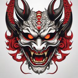 Hannya Mask with Dragon - Features the Hannya mask alongside a dragon motif, creating a powerful and mythical tattoo design.  simple color tattoo,white background,minimal