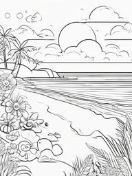 Kawaii Summer Coloring Pages - Fun Beach Scene with Happy Characters  minimal black outline printable sheet, coloring page