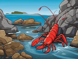 Lobster Cartoon - Cartoon of lobster in a rocky tide pool  