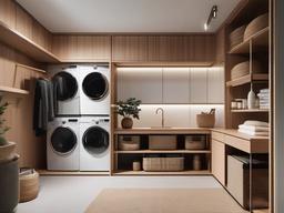 In the laundry room, Japandi interior design includes smart storage solutions, natural materials, and a clean layout that elevate the practicality of the space into something beautiful.  