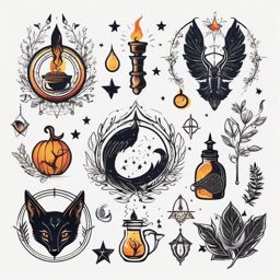Witchy tattoos: Mystical symbols, potions, and magical elements creating an enchanting atmosphere.  color tattoo style, minimalist, white background