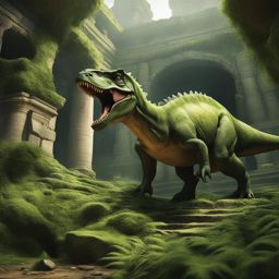 dino clipart,stomping through ancient, mossy ruins 