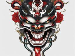 hannya mask and snake tattoo  simple color tattoo,white background,minimal