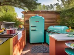 Retro outdoor kitchen features colorful cabinetry, playful decor, and vintage-inspired appliances that bring a fun and nostalgic vibe to outdoor cooking.  