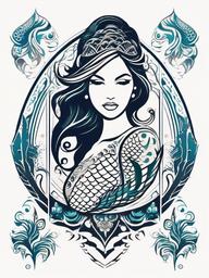 Mermaid Tattoo Tribal - Infuse tribal aesthetics with a captivating tattoo featuring tribal-inspired mermaid elements.  simple vector color tattoo,minimal,white background