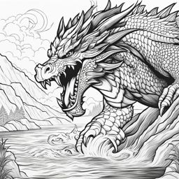 dragon coloring pages - a fierce dragon breathes a stream of fire onto a brave knight. 