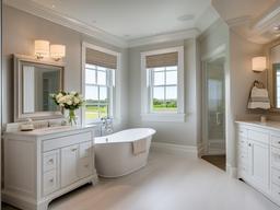 In the guest bathroom, Hampton interior design features light colors, elegant fixtures, and natural textures that create an inviting atmosphere for visitors.  