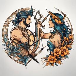 leo and sagittarius couple tattoo  simple color tattoo,white background
