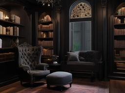 In the reading nook, Gothic interior design highlights a comfortable chair, rich fabrics, and decorative accents that create a perfect space for enjoying books and daydreaming.  