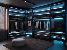 In the walk-in closet, cyberpunk interior design includes sleek storage systems, ambient lighting, and high-tech features that create a stylish and organized dressing space.  