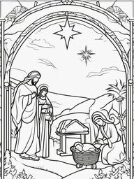 Nativity Scene Coloring Pages - Birth of Jesus in Bethlehem  minimal black outline printable sheet, coloring page