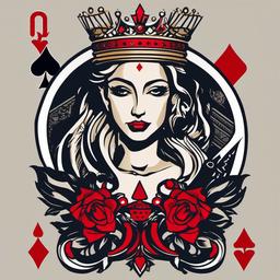 Queen Playing Card Tattoo-Bold and artistic tattoo featuring a queen playing card, capturing themes of power and authority.  simple color vector tattoo
