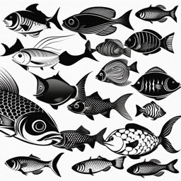 Black and White Clipart Fish,Creating a monochrome aquatic-themed poster with black and white clipart fish  simple, 2d flat