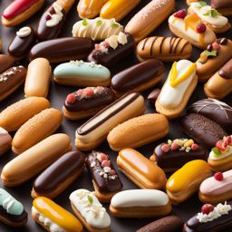 assortment of miniature éclairs, filled with a variety of flavored creams and glazes. 