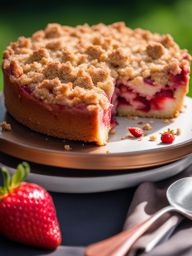 strawberry-rhubarb cake with a crumbly topping, devoured in a sunlit garden. 