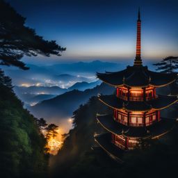 mount emei, china - illustrate the misty landscapes and ancient temples of mount emei, a sacred buddhist site, at night. 