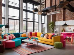 Candy Land loft incorporates bright furniture, playful decor, and colorful accents, creating a lively and inviting open-concept living area.  