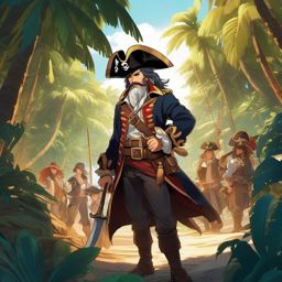 Bold anime pirate captain, wielding a gleaming cutlass, leading a fearless crew on a treasure hunt on a secluded island.  front facing ,centered portrait shot, cute anime color style, pfp, full face visible