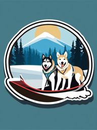 Sled and Huskies Sticker - Arctic dog sledding, ,vector color sticker art,minimal