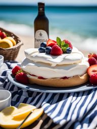 pavlova, a new zealand favorite, enjoyed at a beachfront picnic on a sunny day. 