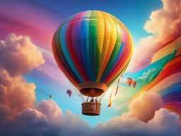 Whimsical hot air balloon, adorned with vibrant colors, floats gracefully over rainbow-filled sky, carrying dreams and hopes to distant horizons. hyperrealistic, intricately detailed, color depth,splash art, concept art, mid shot, sharp focus, dramatic, 2/3 face angle, side light, colorful background
