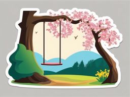 Tree with Swing in Spring Sticker - Tree with a swing in a springtime setting, ,vector color sticker art,minimal