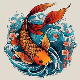 Best Koi Fish Tattoo-Bold and vibrant tattoo featuring a Koi fish, capturing the beauty and symbolism of these iconic aquatic creatures.  simple color vector tattoo